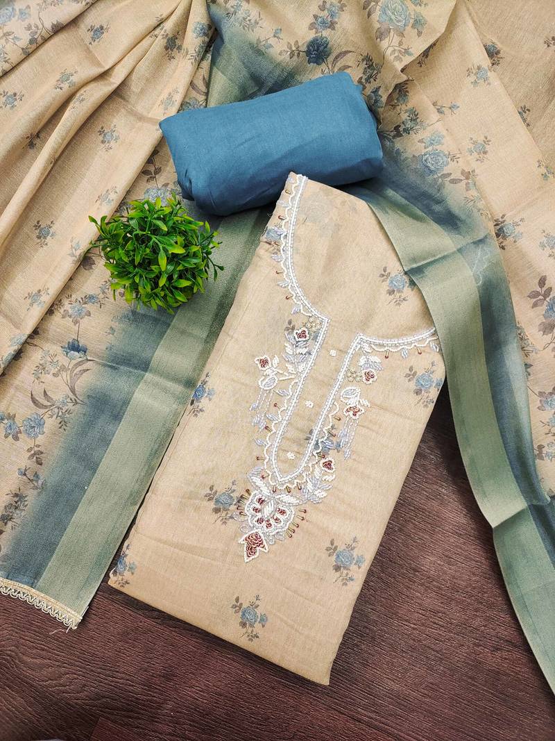 Beige linen cotton printed unstitched dress material