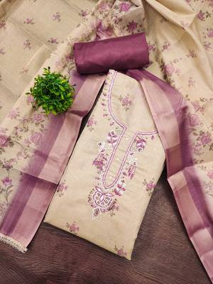 Beige linen cotton printed unstitched dress material 1
