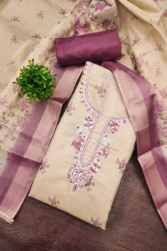 Beige linen cotton printed unstitched dress material