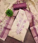Beige linen cotton printed unstitched dress material