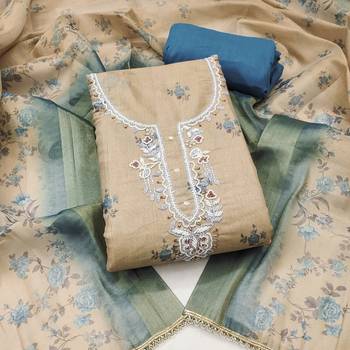 Beige linen cotton printed unstitched dress material 2