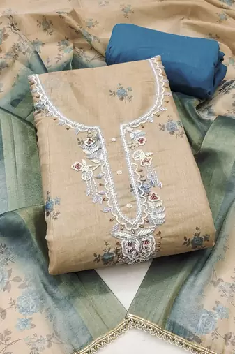 Beige linen cotton printed unstitched dress material