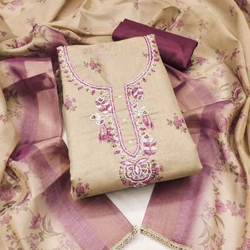 Beige linen cotton printed unstitched dress material 2
