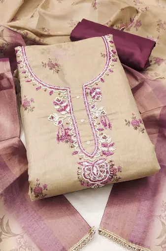 Beige linen cotton printed unstitched dress material