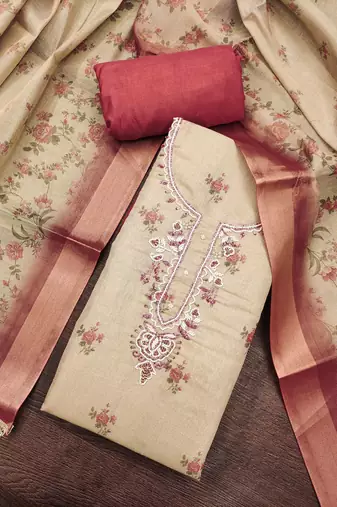 Beige linen cotton printed unstitched dress material