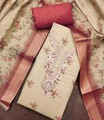 Beige linen cotton printed unstitched dress material