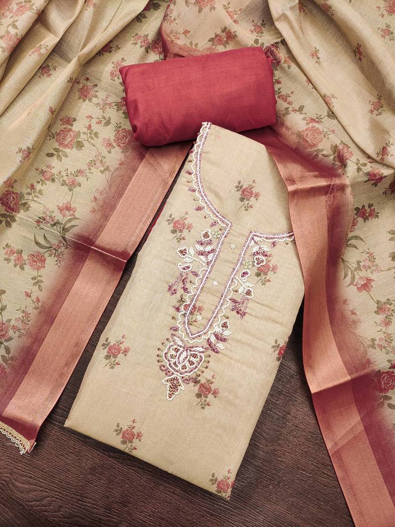 Beige linen cotton printed unstitched dress material