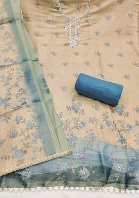 Beige linen cotton printed unstitched dress material 3