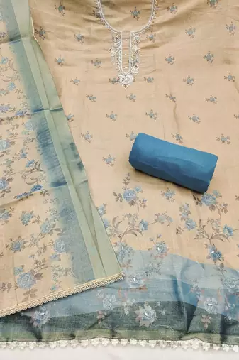 Beige linen cotton printed unstitched dress material