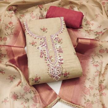 Beige linen cotton printed unstitched dress material 2
