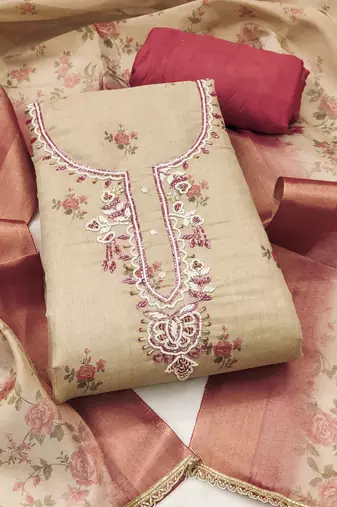 Beige linen cotton printed unstitched dress material
