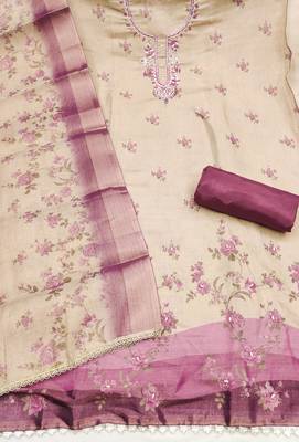 Beige linen cotton printed unstitched dress material 3