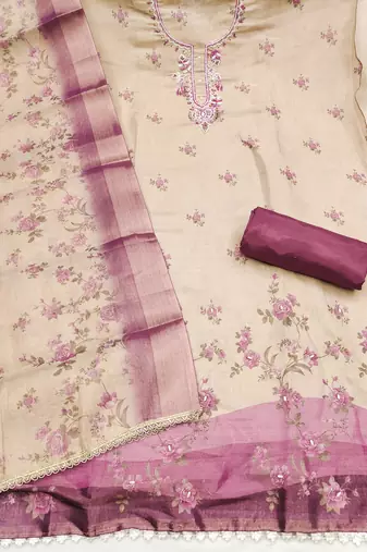 Beige linen cotton printed unstitched dress material
