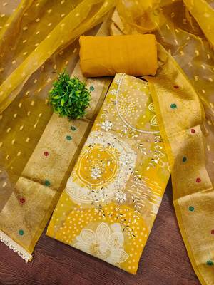 Yellow modal printed unstitched dress material 1