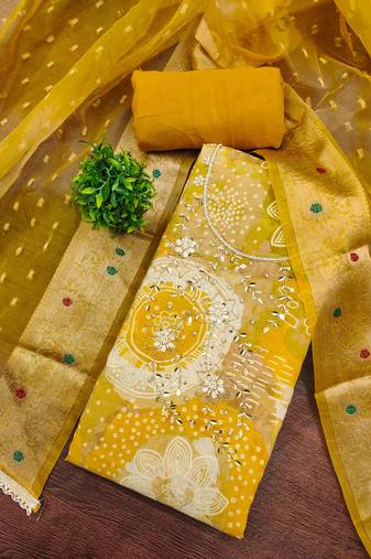 Yellow modal printed unstitched dress material