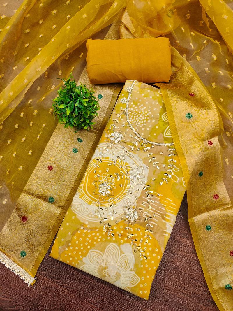 Yellow modal printed unstitched dress material