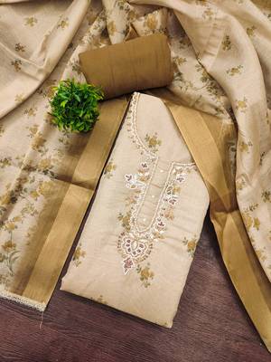 Beige linen cotton printed unstitched dress material 1