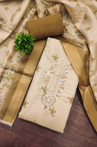 Beige linen cotton printed unstitched dress material