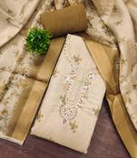 Beige linen cotton printed unstitched dress material