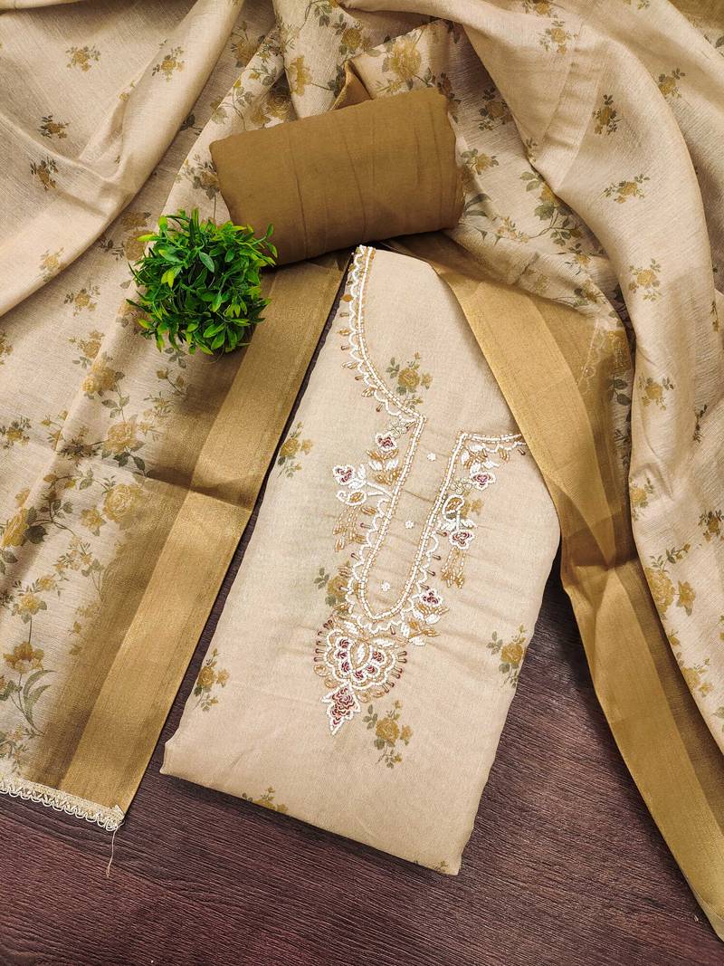 Beige linen cotton printed unstitched dress material