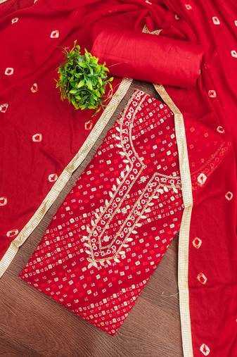 Red cotton bandhni unstitched dress material