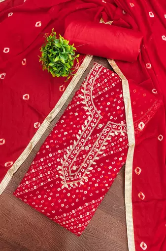 Red cotton bandhni unstitched dress material