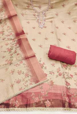 Beige linen cotton printed unstitched dress material 3