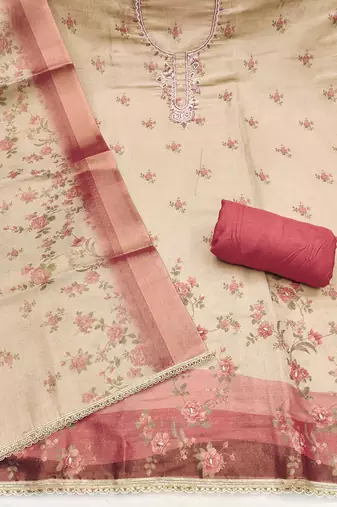 Beige linen cotton printed unstitched dress material