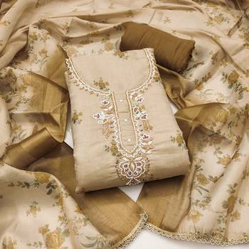 Beige linen cotton printed unstitched dress material 2