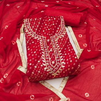 Red cotton bandhni unstitched dress material 2