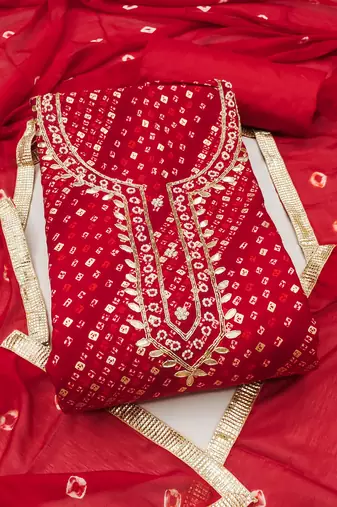 Red cotton bandhni unstitched dress material