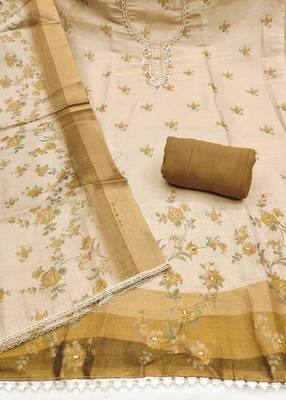 Beige linen cotton printed unstitched dress material 3