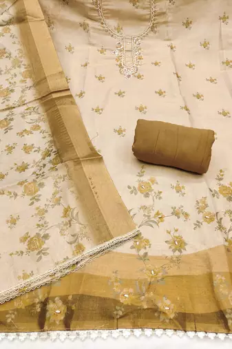 Beige linen cotton printed unstitched dress material