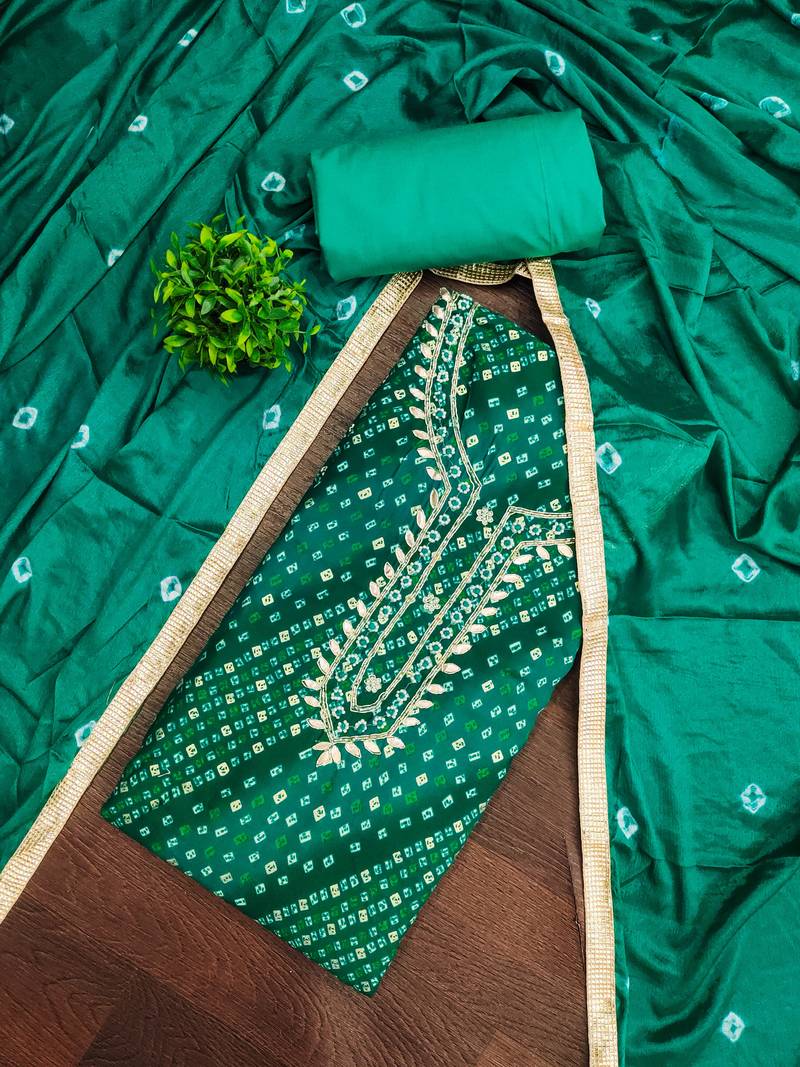 Turquoise cotton bandhni unstitched dress material