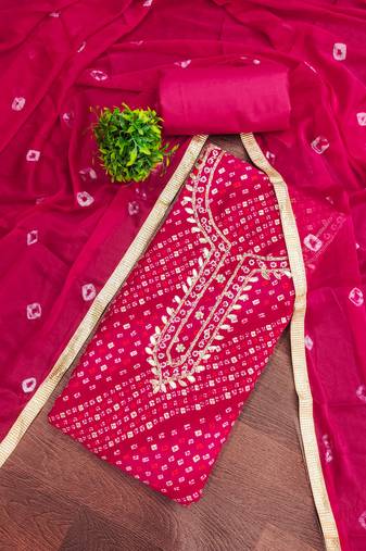 Magenta cotton bandhni unstitched dress material