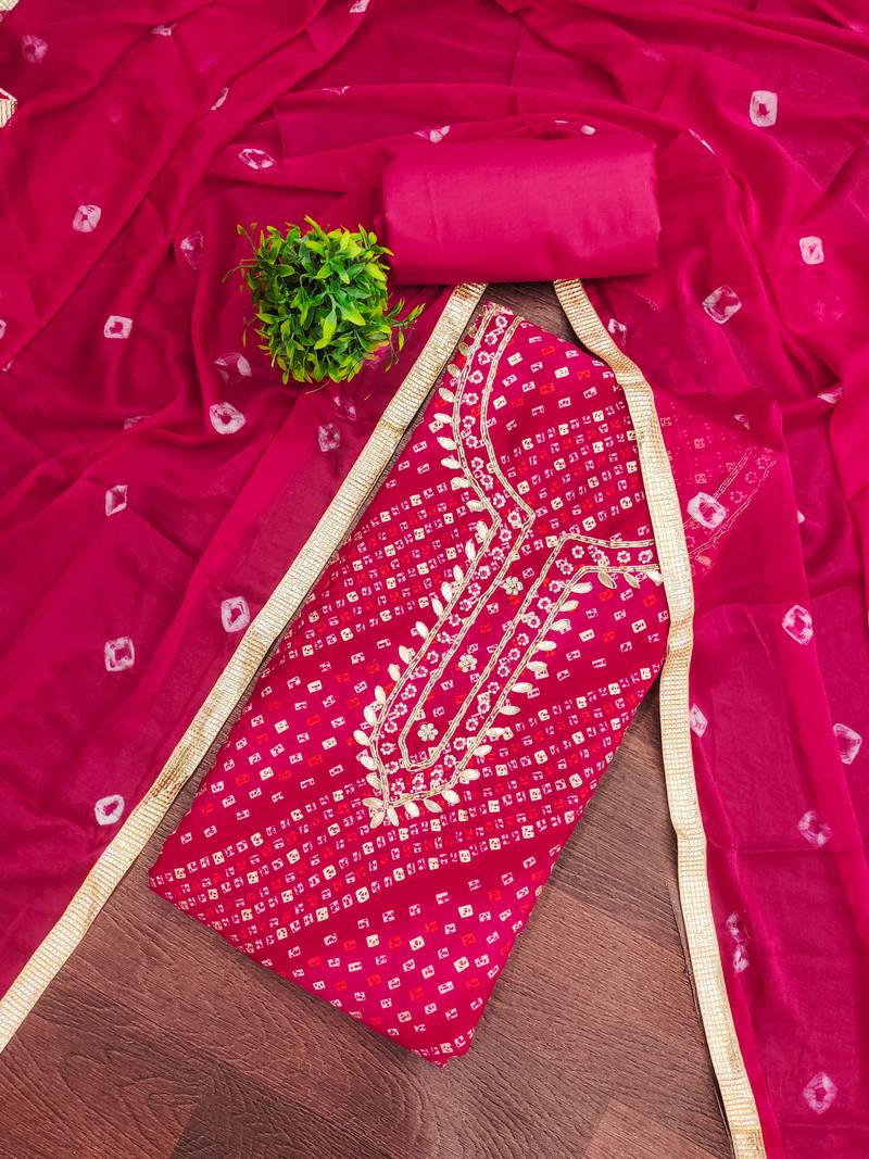 Magenta cotton bandhni unstitched dress material