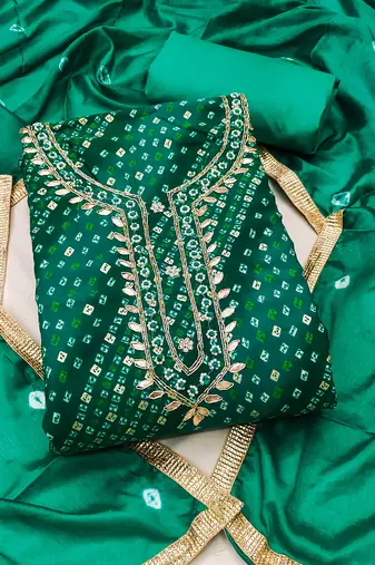 Turquoise cotton bandhni unstitched dress material