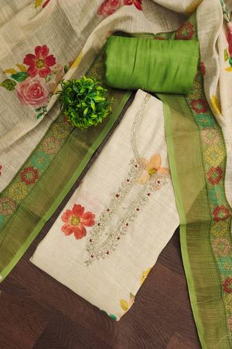 Beige linen cotton printed unstitched dress material