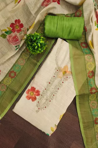 Beige linen cotton printed unstitched dress material