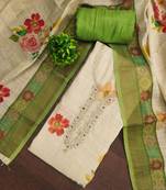 Beige linen cotton printed unstitched dress material