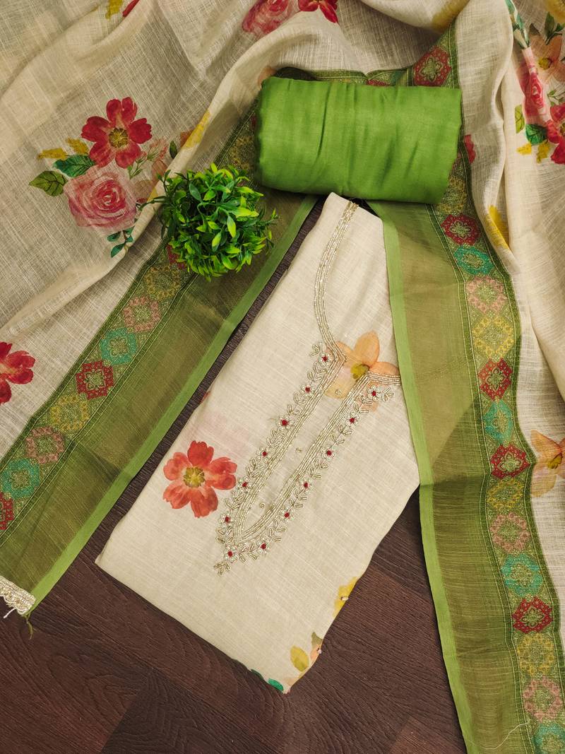 Beige linen cotton printed unstitched dress material