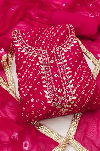 Magenta cotton bandhni unstitched dress material