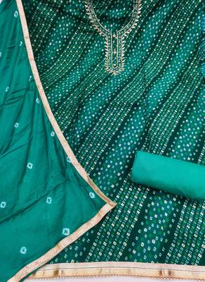 Turquoise cotton bandhni unstitched dress material 3