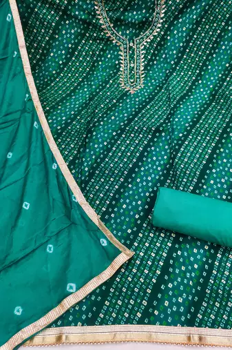 Turquoise cotton bandhni unstitched dress material