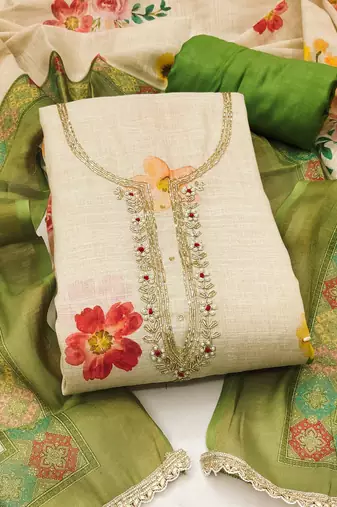 Beige linen cotton printed unstitched dress material