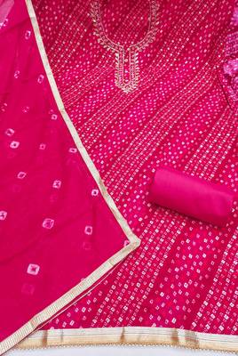 Magenta cotton bandhni unstitched dress material 3