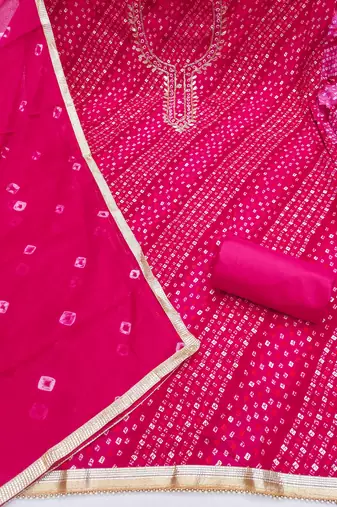 Magenta cotton bandhni unstitched dress material