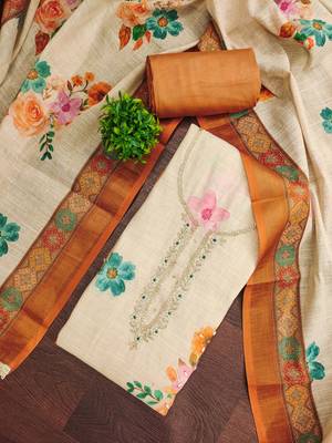 Beige linen cotton printed unstitched dress material 1