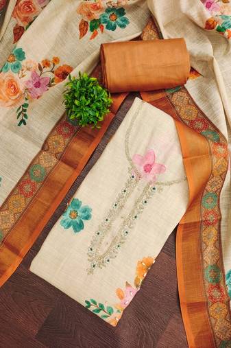 Beige linen cotton printed unstitched dress material