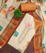 Beige linen cotton printed unstitched dress material